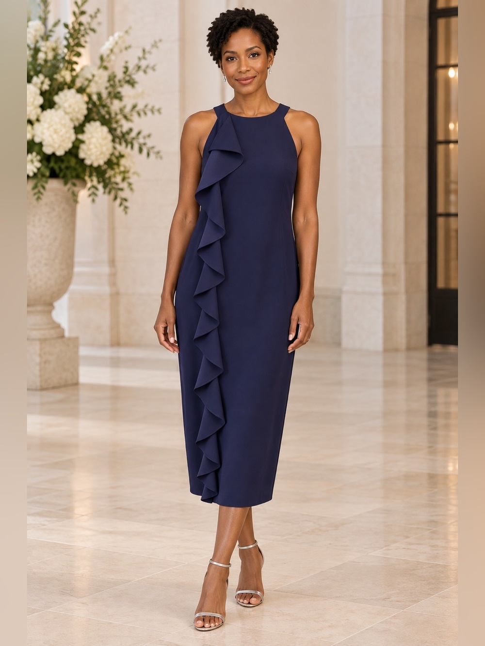 Shelby Nites Ruffle-Front Sleeveless Midi Dress